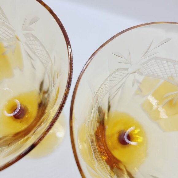 Vintage Amber Glass Wine Goblets With Etched Floral Design Set of 4 MCM - Picture 7 of 10